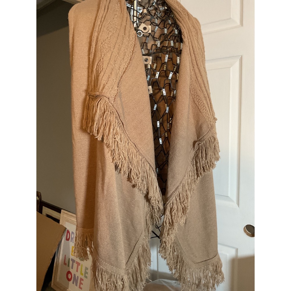 Motherhood Maternity Camel Tan Knit Fringe Shawl Wrap Cardigan Sweater S M